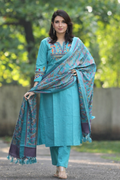 Elegant Teal Blue Cotton Kurta Set with Embroidered Neckline and Printed Dupatta