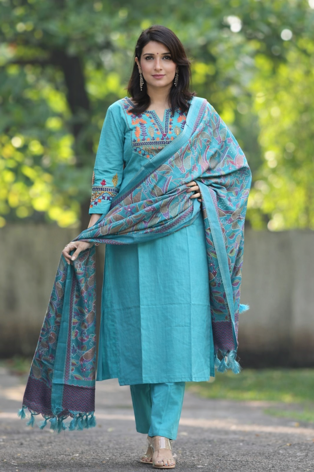 Elegant Teal Blue Cotton Kurta Set with Embroidered Neckline and Printed Dupatta