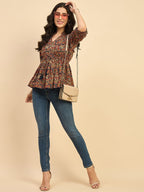 Women Ethnic Printed Mandarin Collar Cotton Top Red Blue