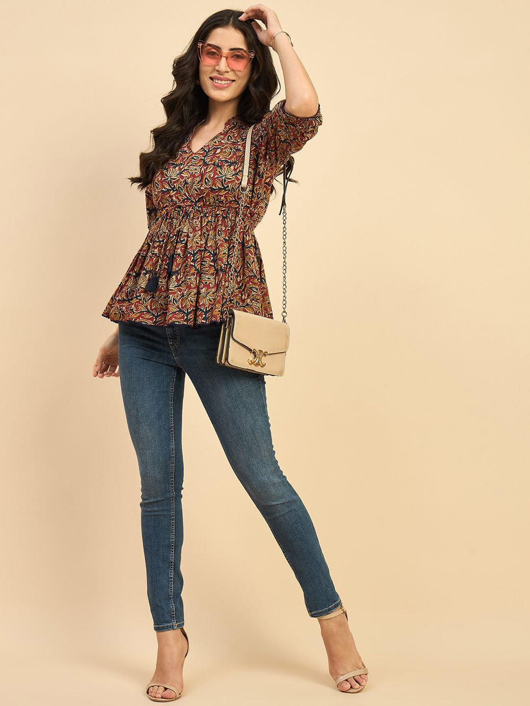 Women Ethnic Printed Mandarin Collar Cotton Top Red Blue