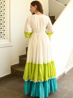 Multicolor Tiered Flared Long Dress in Premium Cotton