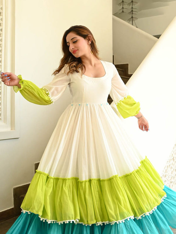 Multicolor Tiered Flared Long Dress in Premium Cotton