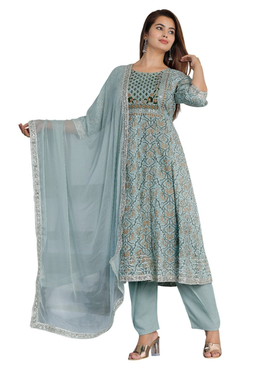 Women  Rayon Kurta Pant Dupatta Set  Grey