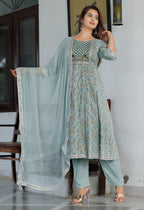 Women  Rayon Kurta Pant Dupatta Set  Grey