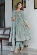 Women  Rayon Kurta Pant Dupatta Set  Grey