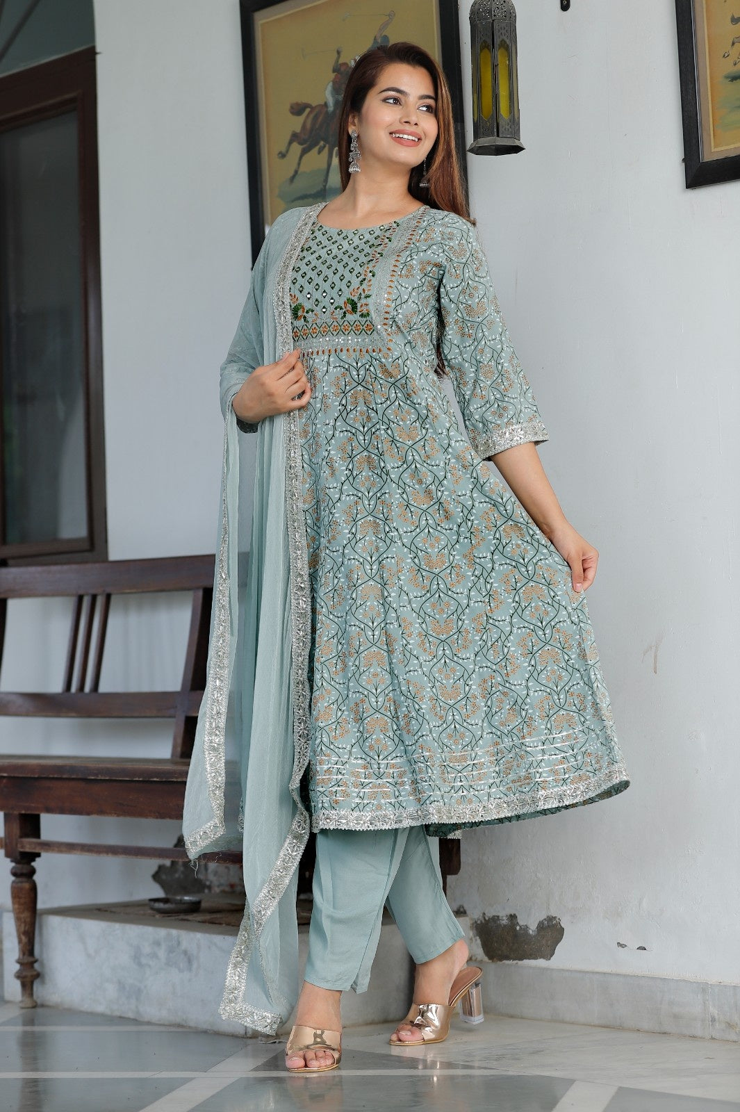 Women  Rayon Kurta Pant Dupatta Set  Grey