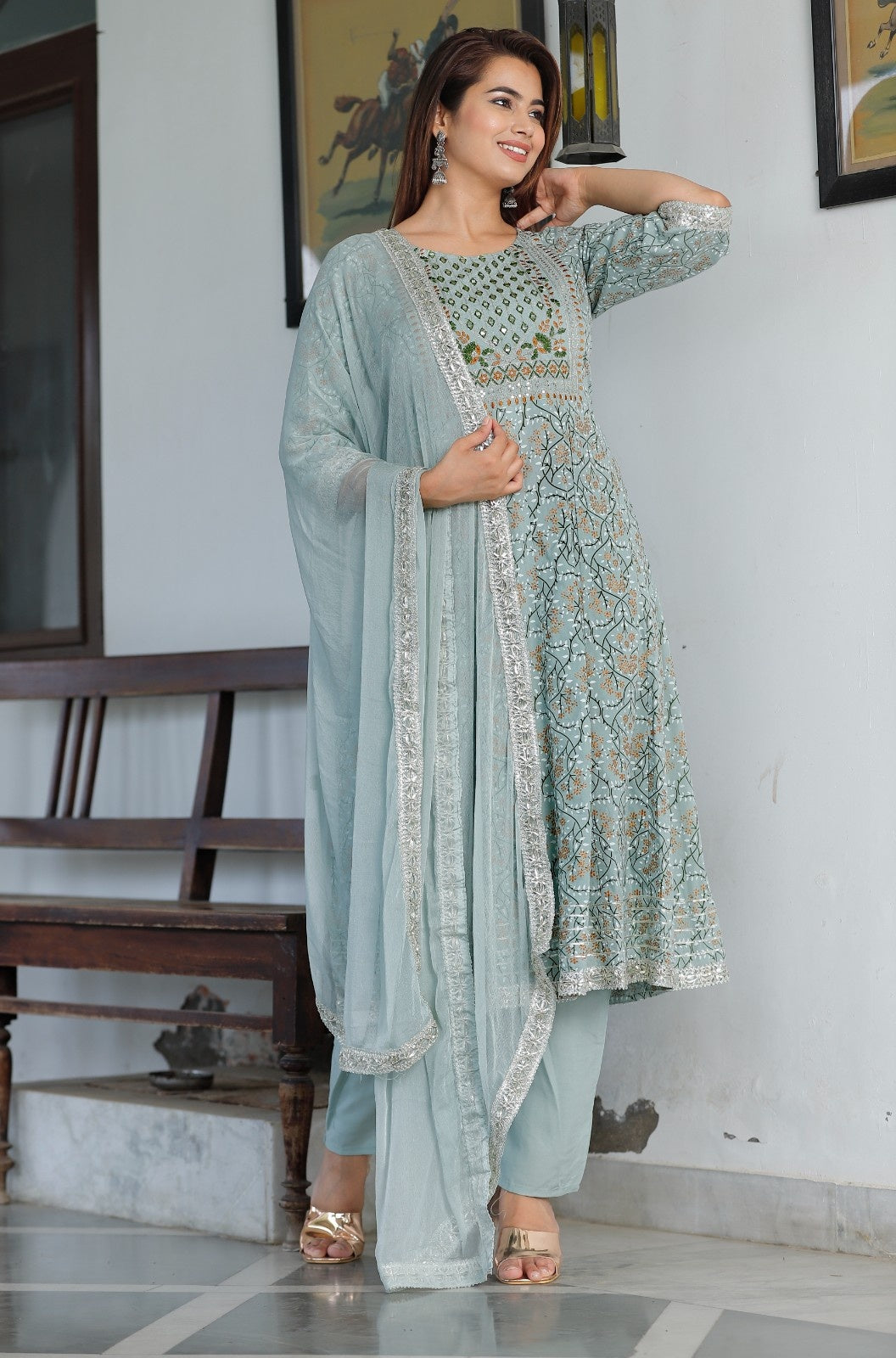 Women  Rayon Kurta Pant Dupatta Set  Grey
