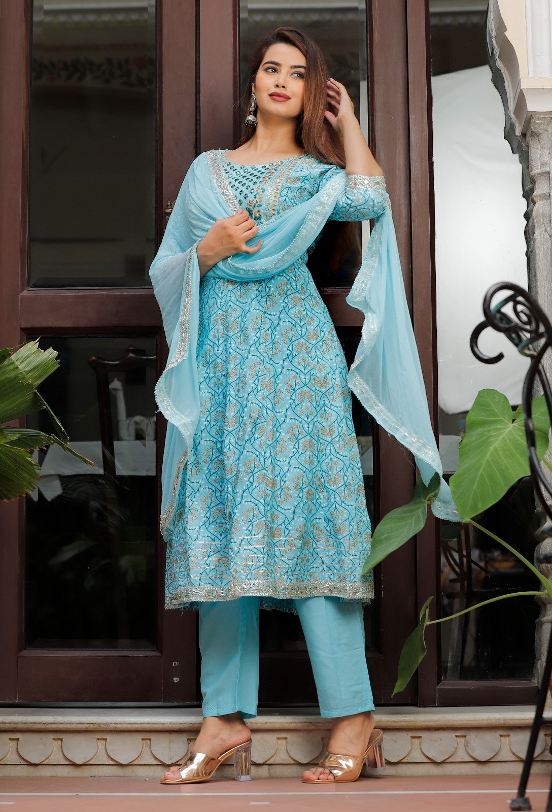 Women  Rayon Kurta Pant Dupatta Set  Sky Blue