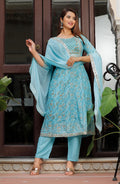 Women  Rayon Kurta Pant Dupatta Set  Sky Blue