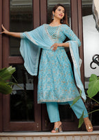 Women  Rayon Kurta Pant Dupatta Set  Sky Blue