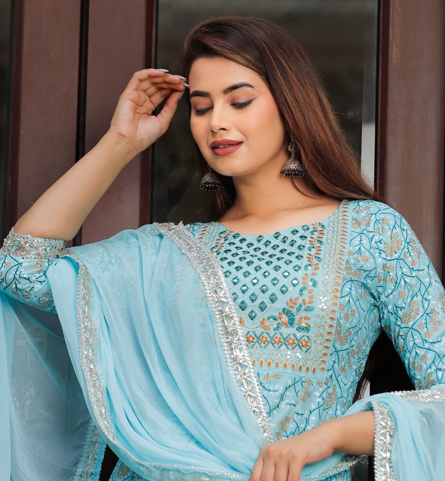 Women  Rayon Kurta Pant Dupatta Set  Sky Blue