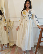Off White Embroidered Cotton Gown Yellow Flower