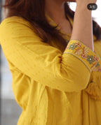 Yellow Nri Embroidery Cotton Kurta Pant And Dupatta Set for Women