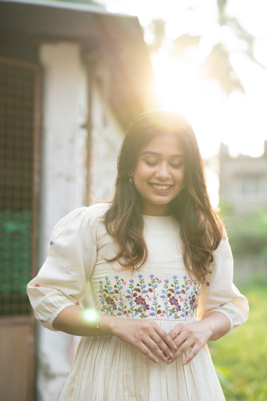 Off White Crochet Lace Work Rayon Anarkali Gown