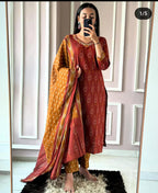 BlBA Premium Ajrak Cotton Suit Set – Maroon & Mustard Ikat Print | Kurti, Pant & Dupatta