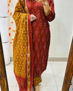 BlBA Premium Ajrak Cotton Suit Set – Maroon & Mustard Ikat Print | Kurti, Pant & Dupatta