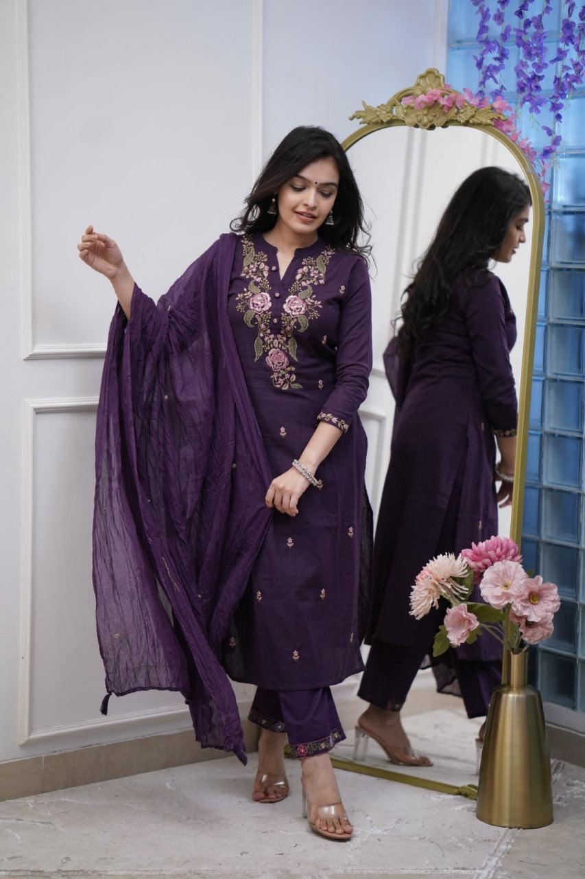 Beautiful Pure Cotton Super Dyed Embroidery Suit