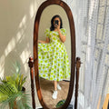 Fresh Lime Green Floral Puff-Sleeve Midi Dress