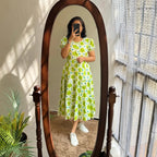 Fresh Lime Green Floral Puff-Sleeve Midi Dress