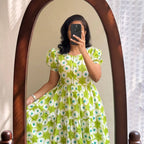 Fresh Lime Green Floral Puff-Sleeve Midi Dress