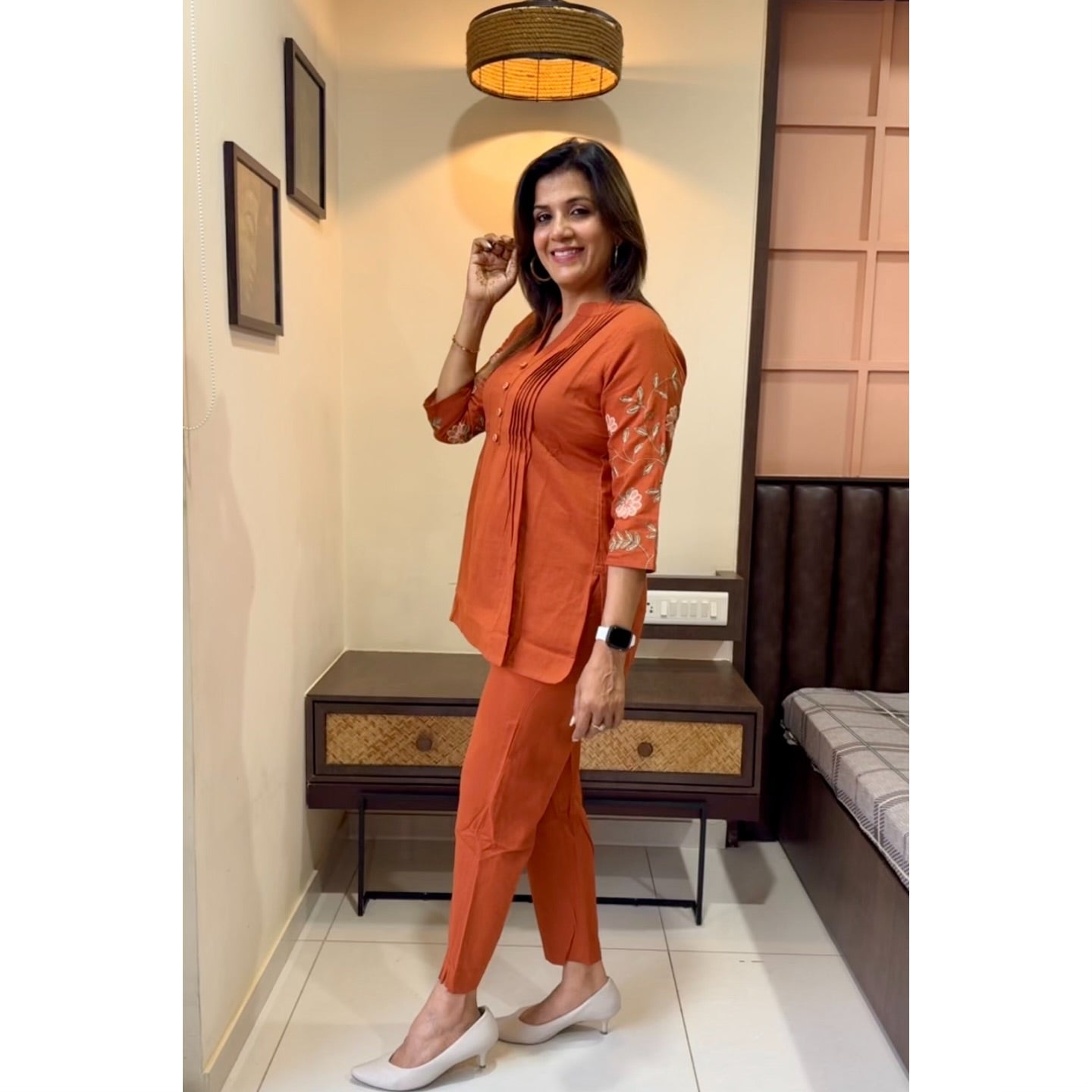 Elegant Rust Orange Embroidered Cotton Co-Ord Set