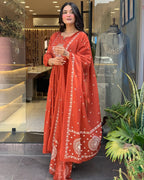 Vibrant Rust Beautiful Anarkali Suit With Embroidered Dupatta