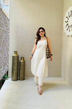 Beautiful White Aari Mirror Work White Kurti With Pant