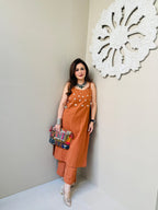 Beautiful Orrange Aari Mirror Work White Kurti With Pant