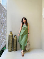 Beautiful Green Aari Mirror Work White Kurti With Pant
