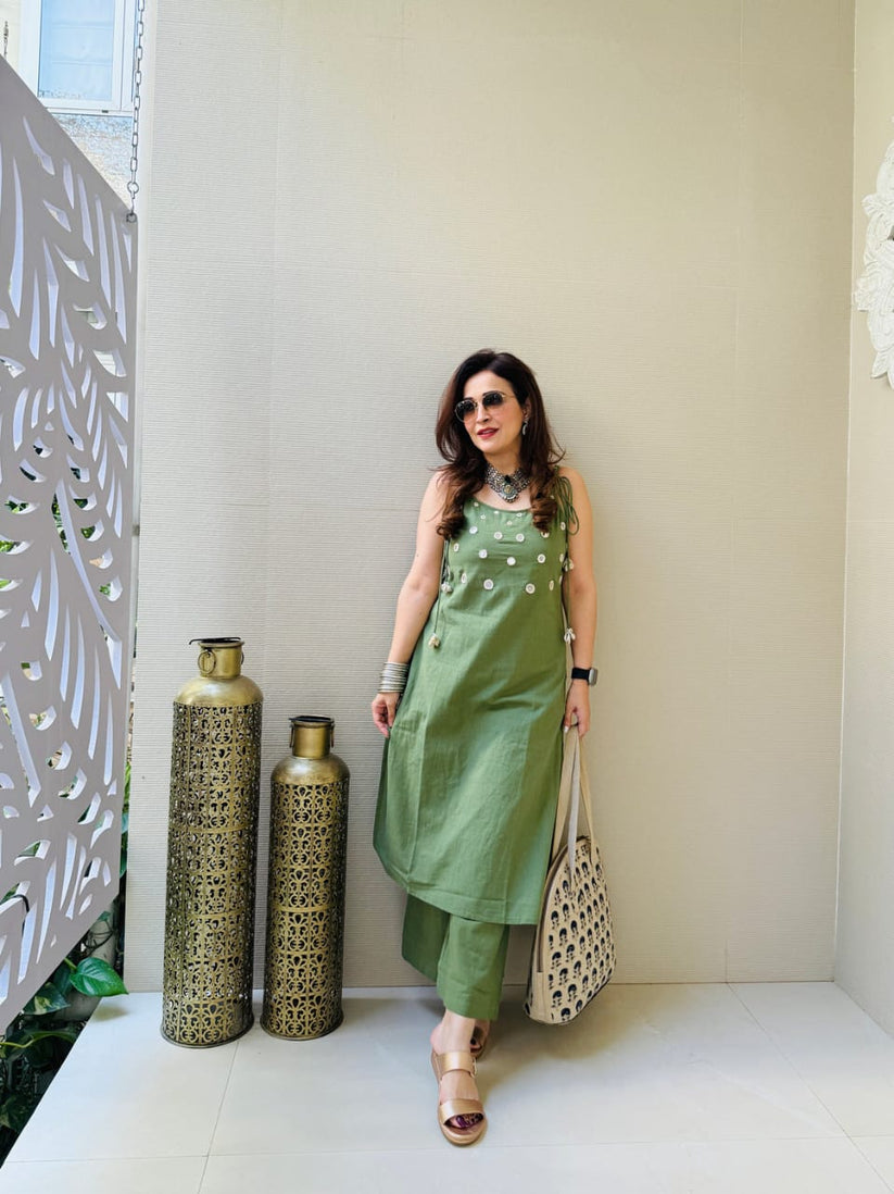 Beautiful Green Aari Mirror Work White Kurti With Pant