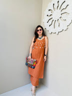 Beautiful Orrange Aari Mirror Work White Kurti With Pant