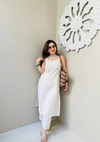 Beautiful White Aari Mirror Work White Kurti With Pant