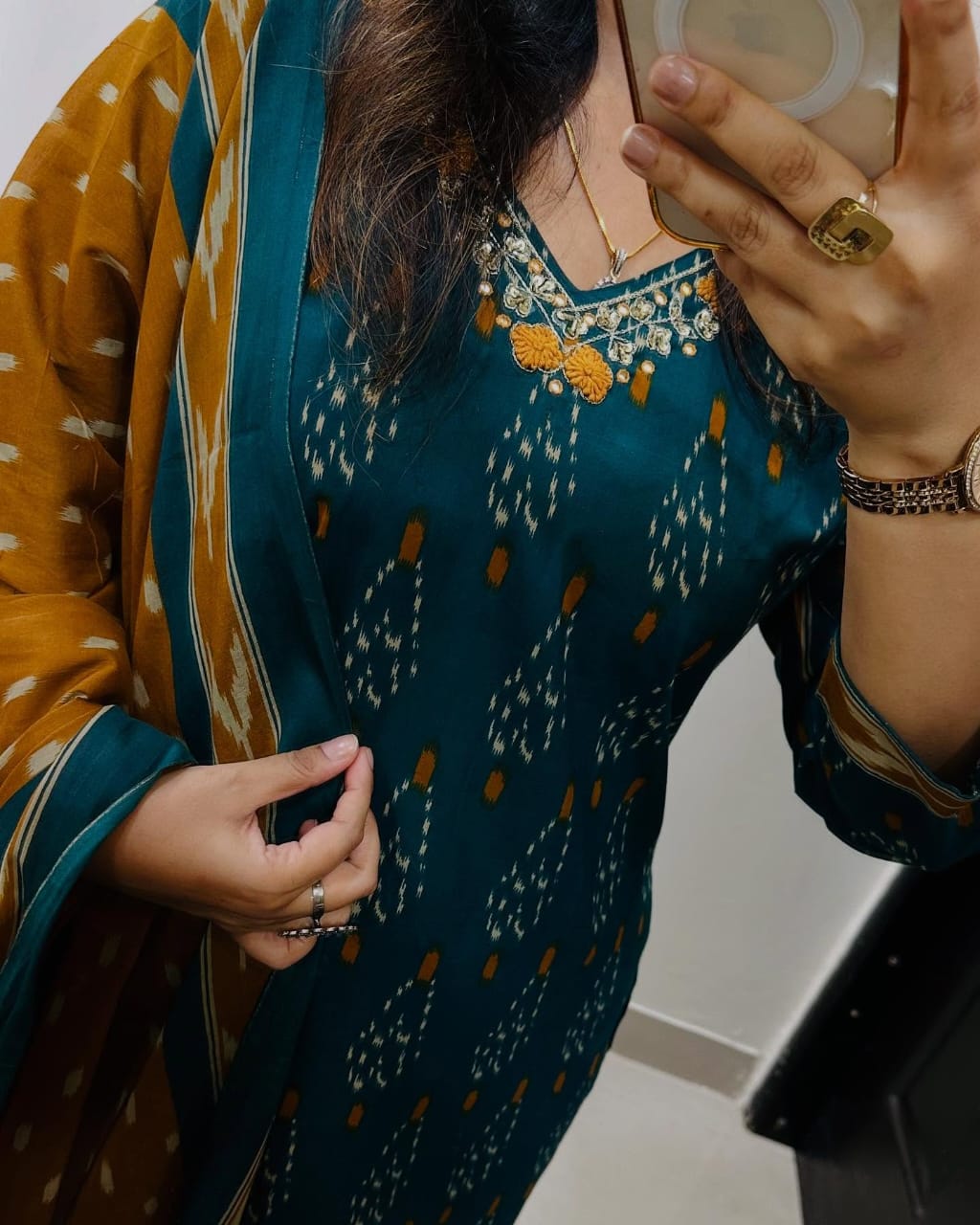 BlBA Premium Ajrak Cotton Suit Set – Teal & Mustard Ikat Print | Kurti, Pant & Dupatta