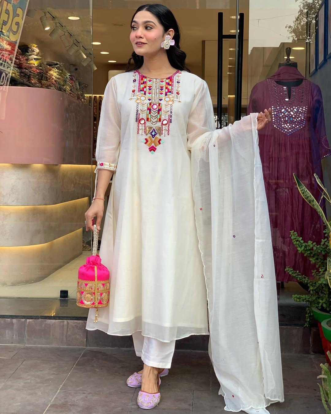 Elegant White Kurta Set with Multicolor Embroidery and Dupatta