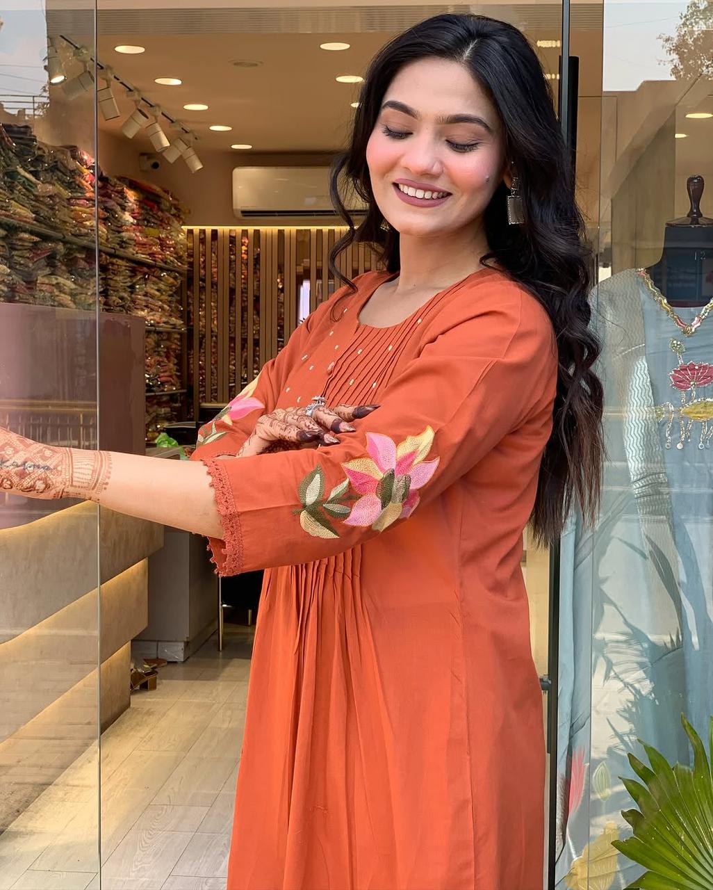 Rust Orange Embroidered Cotton Kurta Set