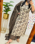 BlBA Premium Bagru Cotton Suit Set – Beige & Brown Handblock Floral Print | Kurti, Pant & Striped Dupatta