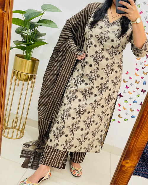 BlBA Premium Bagru Cotton Suit Set – Beige & Brown Handblock Floral Print | Kurti, Pant & Striped Dupatta