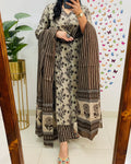 BlBA Premium Bagru Cotton Suit Set – Beige & Brown Handblock Floral Print | Kurti, Pant & Striped Dupatta