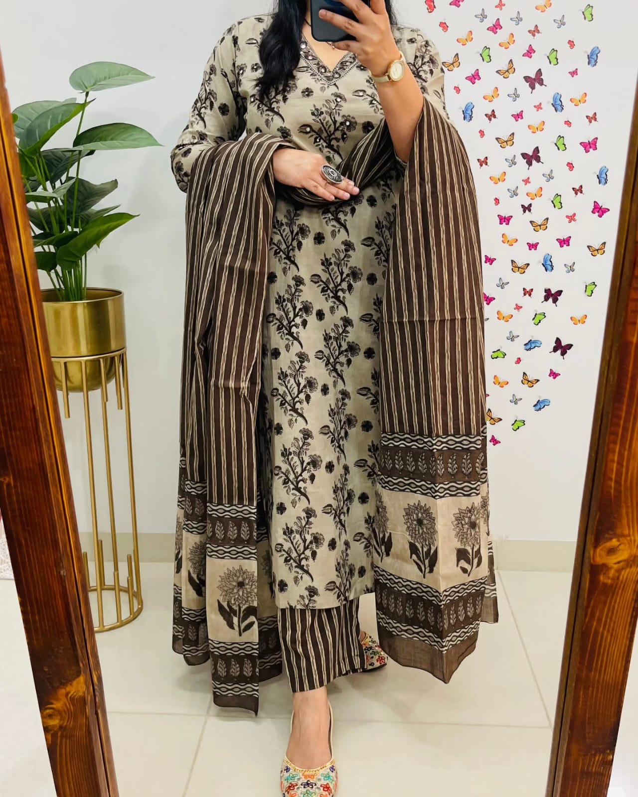 BlBA Premium Bagru Cotton Suit Set – Beige & Brown Handblock Floral Print | Kurti, Pant & Striped Dupatta