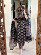 Elegant Navy Blue Printed Cotton Kurta Set