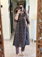 Elegant Navy Blue Printed Cotton Kurta Set