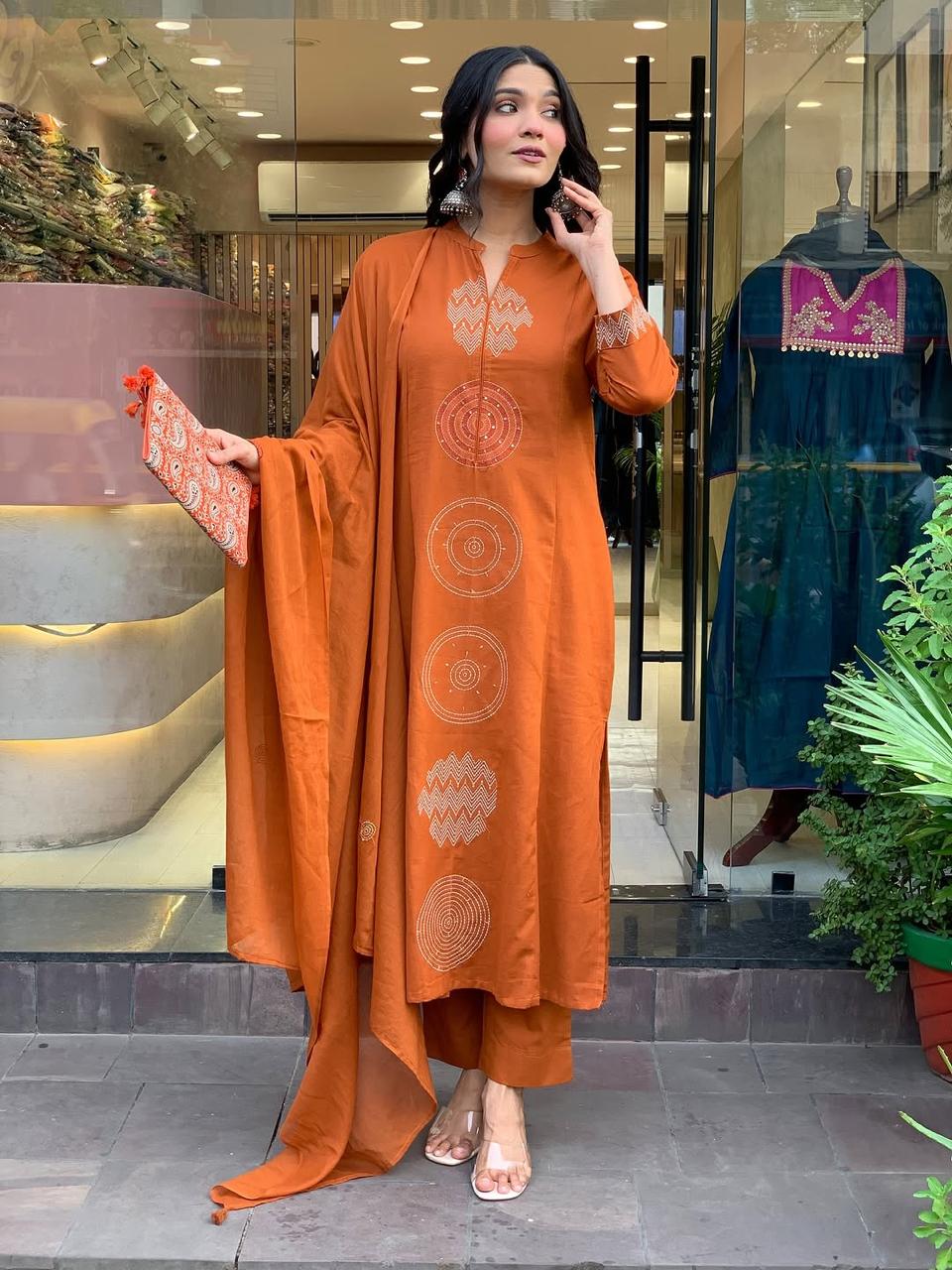 Rust Orange Cotton Kurta Set with Minimal Embroidery and Matching Dupatta
