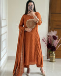 Rust Orange Embroidered Kurta Set with Dupatta