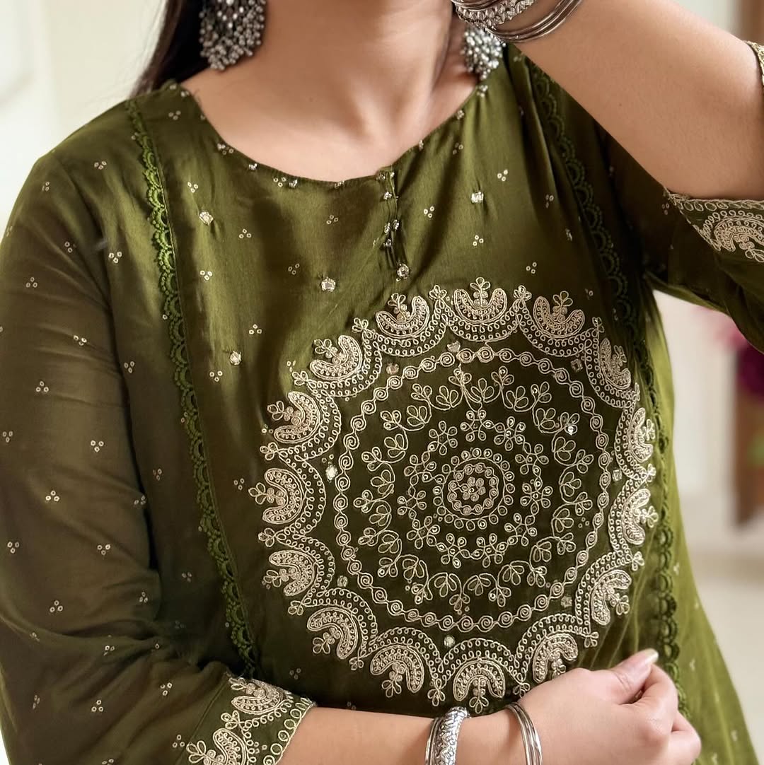 Olive Green Ethnic Embroidered Suit Set