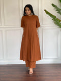 Brown Rust Embroidered Cotton Kurta and Palazzo Set