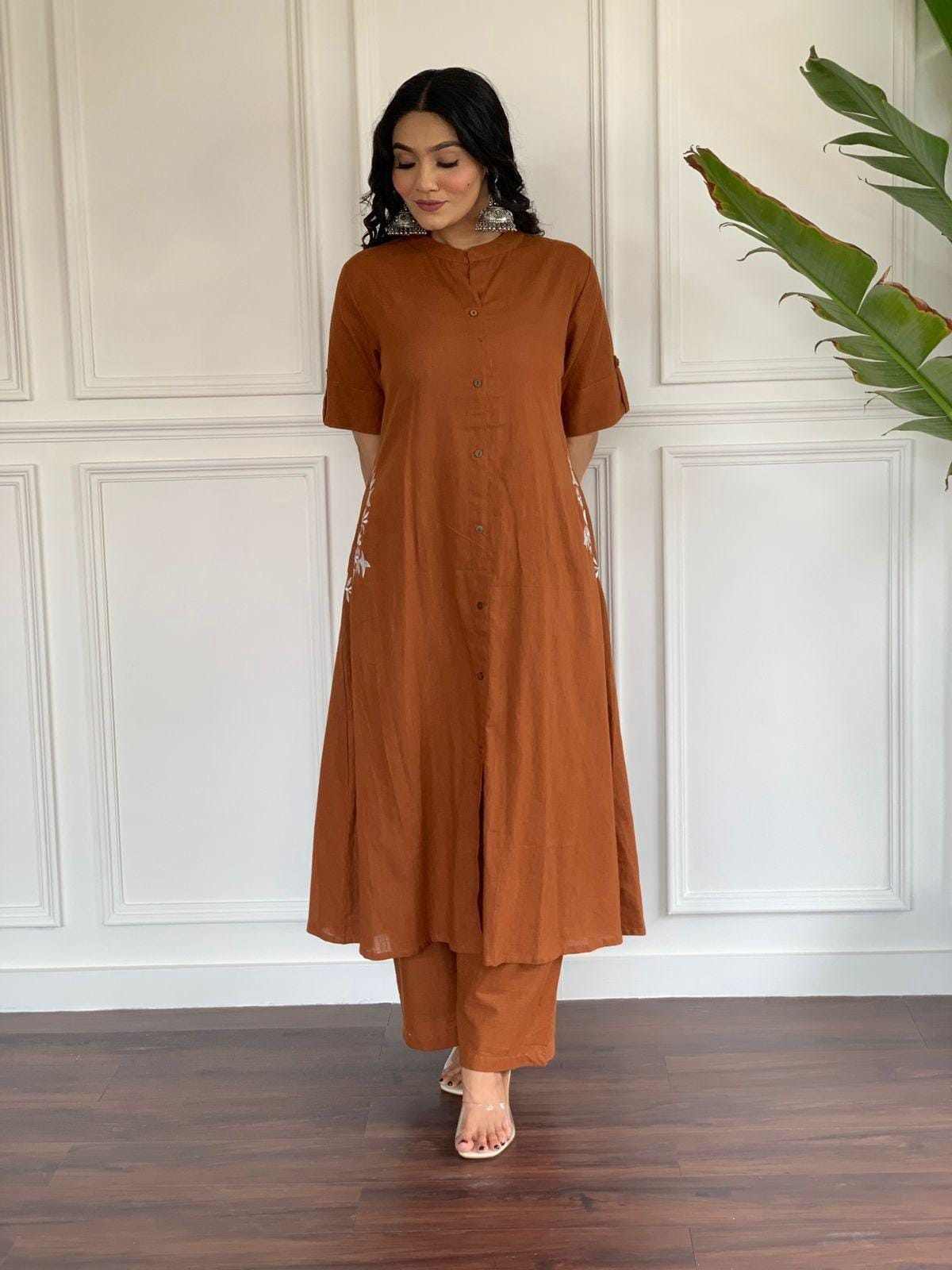 Brown Rust Embroidered Cotton Kurta and Palazzo Set