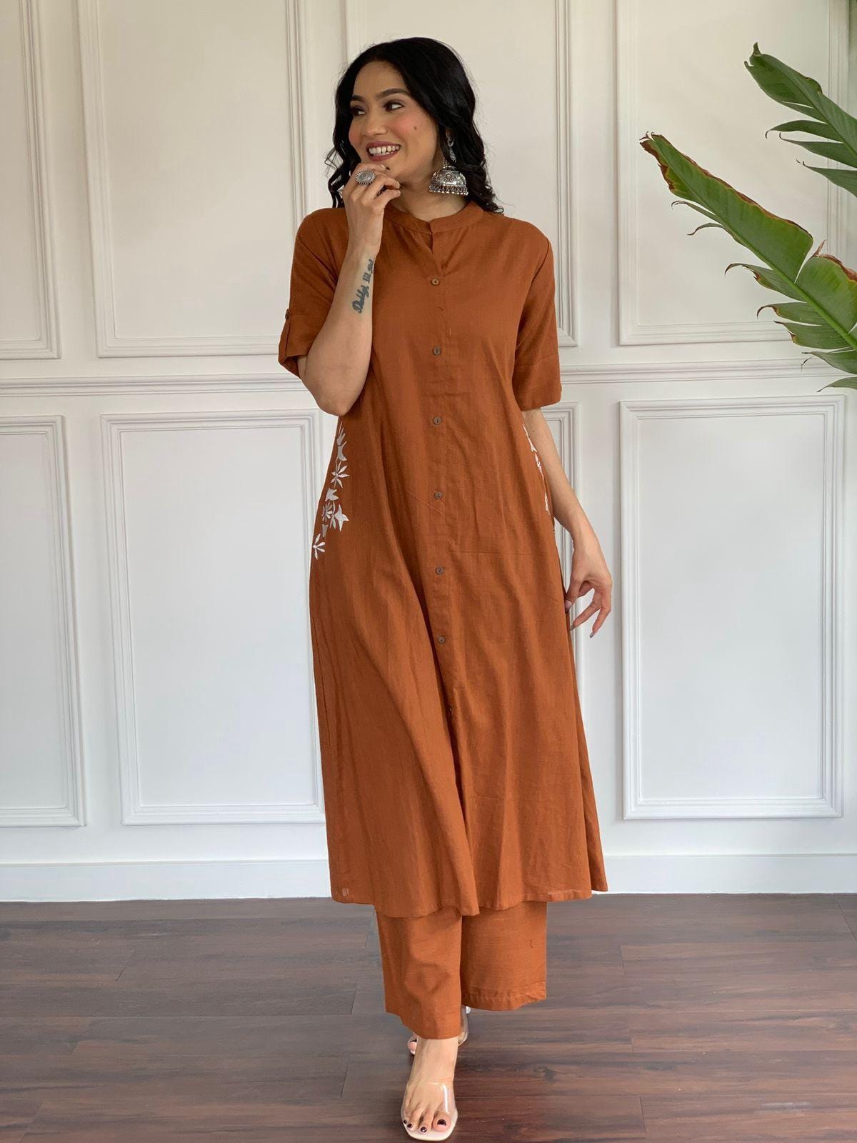 Brown Rust Embroidered Cotton Kurta and Palazzo Set