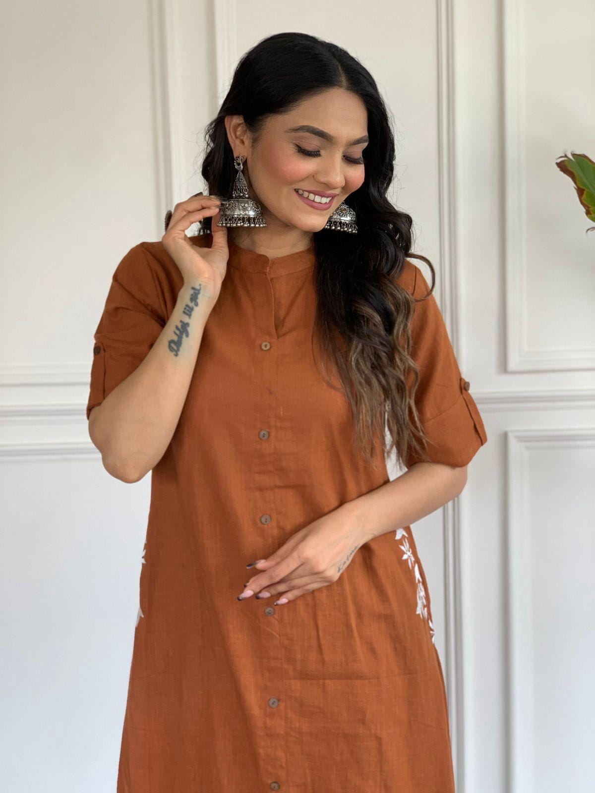 Brown Rust Embroidered Cotton Kurta and Palazzo Set