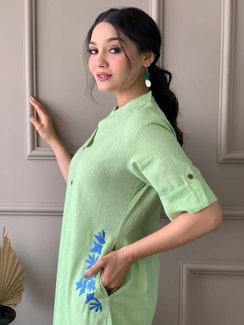 Light Green Embroidered Cotton Kurta and Palazzo Set
