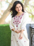 Cream White with Rose Thread Embroidery Neck Work Cotton Kurti